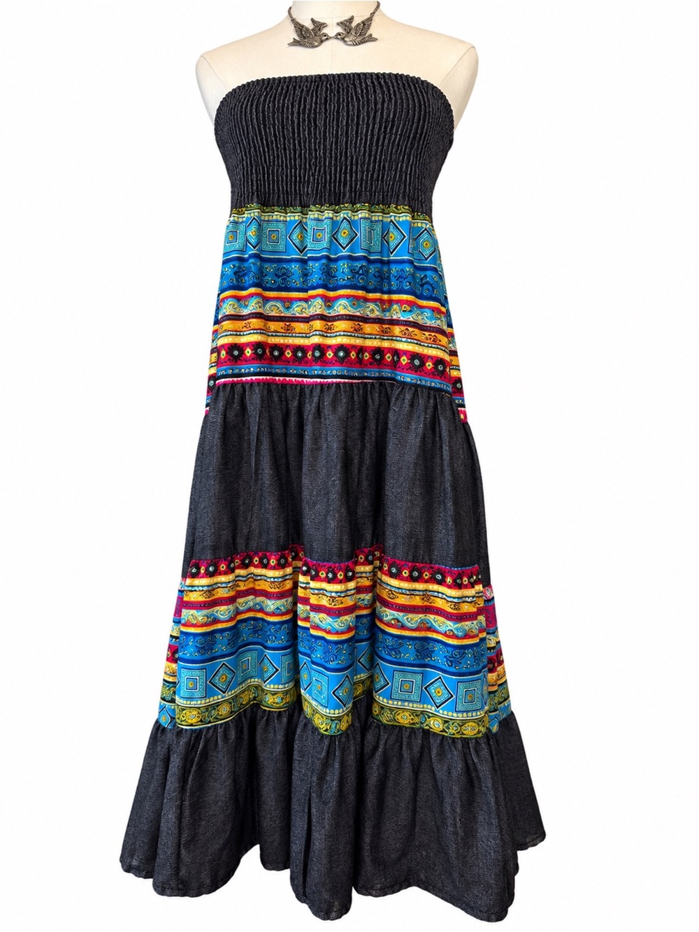 Magic Black Strapless Maxi Dress with Blue, Red, Yellow & Green Tribal Bands